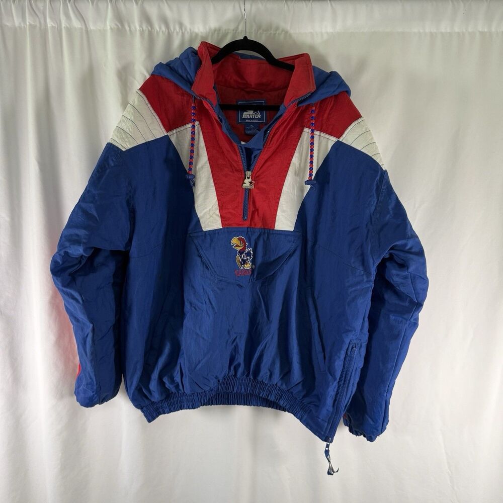 Vintage KU Jayhawks Starter Coat Men's XL Blue Red Zip Kangaroo Pocket